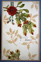 Antique embossed New Year greeting card - pine branch, seal, holly from 1907