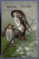 Antique embossed New Year greeting card - feathered sparrows from 1908