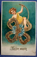 Antique Embossed New Year Greeting Card - Small Child Huge Gold 4 Leaf Clover from 1908