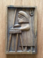 Working man folk carved wall picture together 14 x 21 cm
