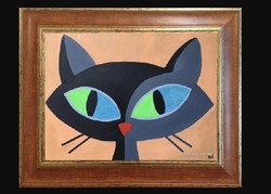 Modern cica festmény , fluoreszkáló szemekkel