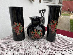 A beautiful black vase with a floral pattern on a Karcagi berekfürdő glass vase, collector's item, mid-century modern