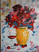Csendélet virággal,vázával,borral,30x40 cm-es vászon,akril.