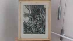 (K) sábo vladimir etching 53x43 cm with frame the stone carver's garden