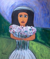 Oláh jolán (1932-2005): bride - female portrait with bouquet of flowers - naive painting, Roma painter