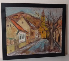 Hegyi György: "Visegrád - utcakép" festmény, olaj, vászon, keretben