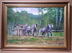 Sitting on a horse-drawn carriage - cozy oil painting in a nice frame, h. Tóth with sign