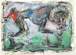 Ernő Tóth - baboon 27 x 38 cm oil, handmade paper, framed