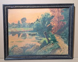 Őszi táj, 1936-os akvarell - Sz. V. szignó, talán korai Szabó Vladimir? - görög mintás keretben