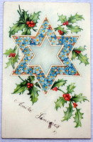 Antik Karácsonyi üdvözlő litho képeslap - aranyló csillag, nefelejcs, magyal