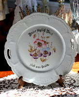 VÁROM AJÁNLATÁT! Szecessziós füles porcelán tál, stílustiszta mákvirág dekorral, német felirattal