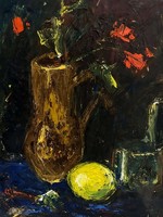 Újhelyi Jenő (1927- ) Asztali csendélet hervadó piros virággal /megvásárlásához számlát adunk)