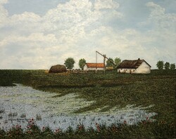 Magda Wágnerné Bukovics, work of a naive painter, farmhouse with a henhouse, oil, canvas, 65x80 cm
