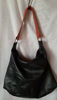 Large packable black leather bag with brown shoulder strap!