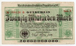 Németország Reichsbahn Frankfurt 20 Milliárd német Márka, 1923, szükségpénz