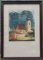 Színes rézkarc Győr Karmelita templom