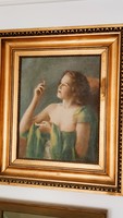 Számomra ismeretlen festő nagyon szép Art Deco fél akt festménye 72*62 cm méretben