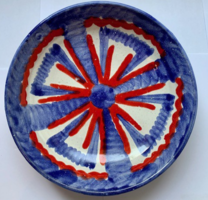 Zsűrizett iparművész dísztányér retro kék-piros dísztál tányér mázas cserép kerámia fali dísz tál