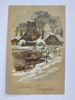 Régi újévi képeslap 1935 dombornyomott levelezőlap havas táj templom