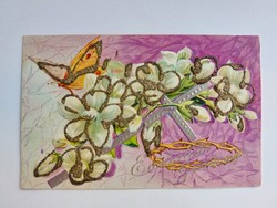 Régi húsvéti képeslap dombornyomott levelezőlap kereszt pillangó virágok