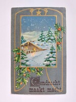 Régi karácsonyi képeslap 1915 dombornyomott levelezőlap havas táj magyal