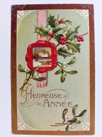 Old Christmas card embossed postcard holly shamrock