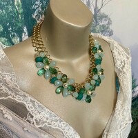 Alkalmi gyöngy bizsu nyakék, ünnepi virágos gyöngysor, vintage collier színes csillogó zöld gyöngyök