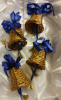 Handmade Christmas tree decoration made of cane, golden bells with blue ribbon - Christmas decoration