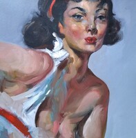 Pin-up model with a broken shoulder, 2020 - contemporary modern oil painting, marked simon