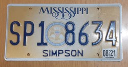 USA amerikai rendszám rendszámtábla SP1 8634 Mississippi Simpson