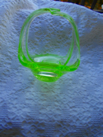 Urán zöld színű üvegkosár - szép kézműves,  darab.