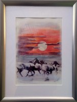 Vágtatás alkonyatban. 40x30 cm akvarell. Prima díjas művész alkotása. Károlyfi Zsófia/1952