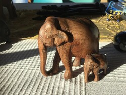 African wood carving, exotic wood carved elephant with her baby (301)
