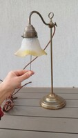 Beautiful brass desk, lamp, bank lamp, frilled shade, rare pull switch. Video!