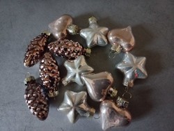 12 small glass ornaments cones, hearts, stars