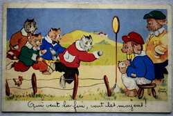 Régi humoros L . André grafikus képeslap cica futóverseny