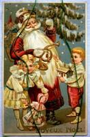 Antique embossed Christmas postcard - Santa Claus, Christmas tree, children, toys - for collection