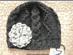 Black women's cap, hand-knitted, floral (96.) Thick
