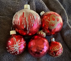 5 db retro piros gömb üveg karácsonyfadísz Csehszlovák