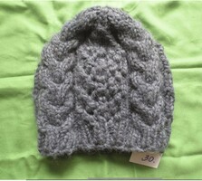 Gray women's cap, hand-knitted, floral, thick