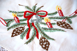 Festive linen Christmas tablecloth table centerpiece hand embroidered lace 80 x 77