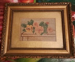 Antique silk needle tapestry, with original frame. I.