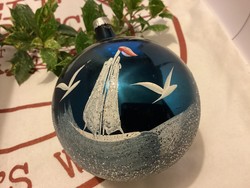 Old large blue glass sphere with ships Christmas tree decoration