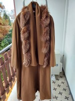 Elegant, long cocoa brown women's jacket with fur trim