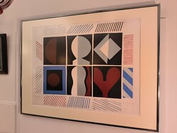 Bartl József 1982-es 6 forma című 81x61 cm-es modern alkotása exkluzív polírozott fém keretben