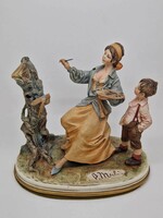 Capodimonte olasz porcelán Bruno Merli festő hölgy és kisfiú 20.5cm