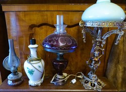 3 Pcs. Old lamp, glass, porcelain, metal.