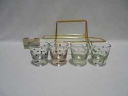 Set of retro colored polka dot brandy, short drink glasses in a metal holder - with four glasses