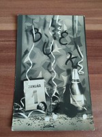 Régi ÚJÉVI képeslap, pezsgő, fekete-fehér, 1960-as évek