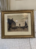 Color etching picture, street detail framed with a church, 51x60 cm